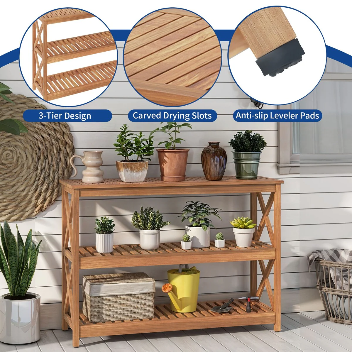 Moasis 3-Tier Solid Wood Console Table All-Weather Resistant with Storage Shelves