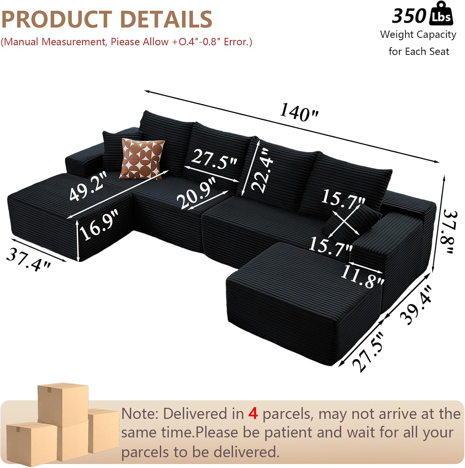 140 Modular Sectional Sofa with 2 Ottomans, Modern Corduroy Cloud Couch with Deep Seat, Boneless Couch Upholstered 4-Seater U-Shaped Sofa for Living Room, No Assembly Required (Black,2 Ottomans)