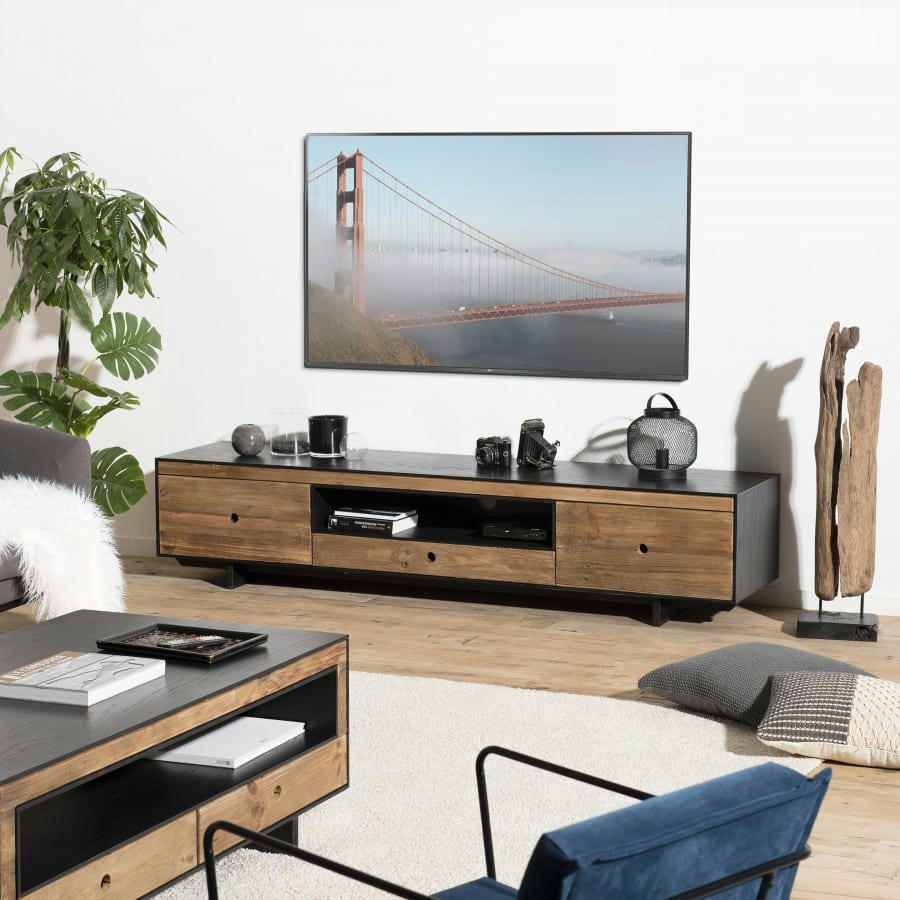 ANDREA - Meuble TV 3 tiroirs 1 niche en pin recyclé naturel et noir