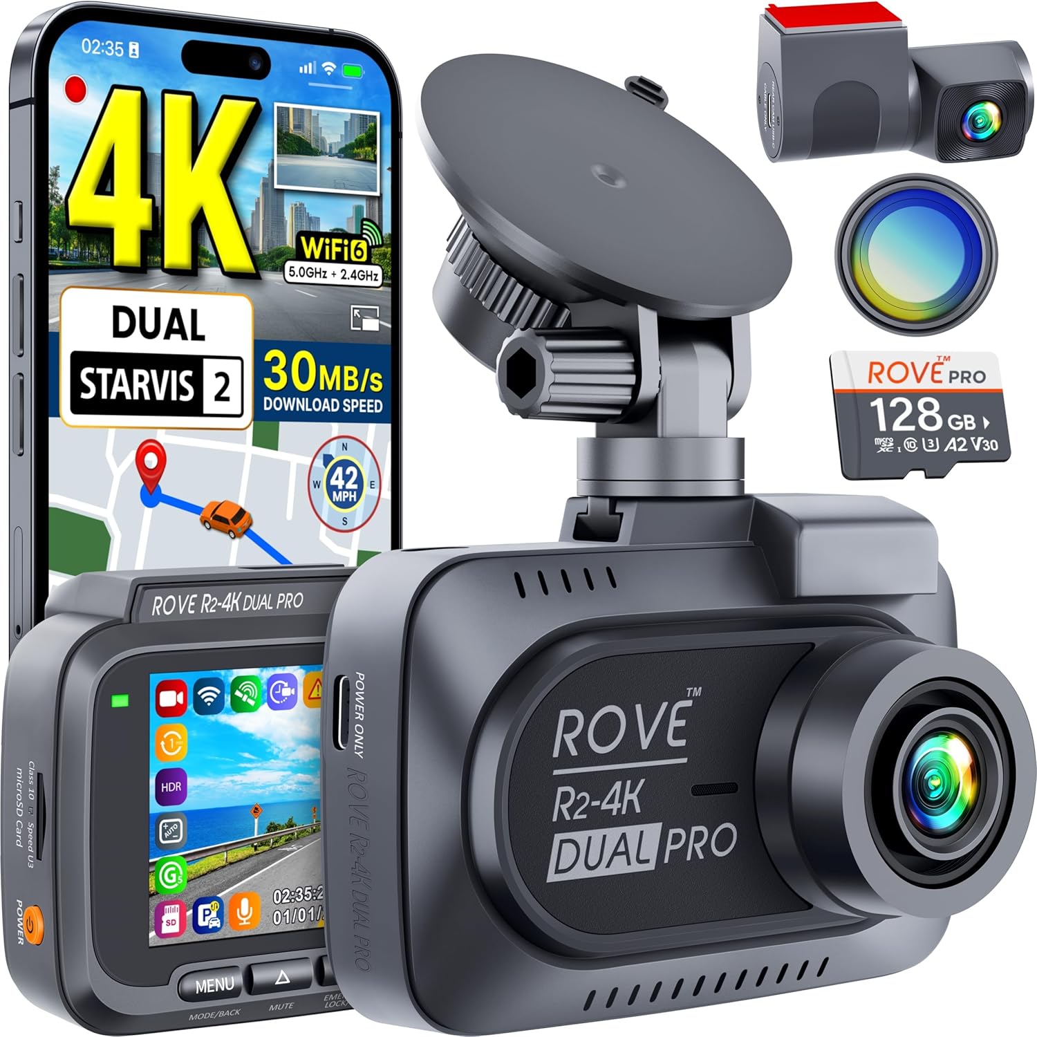 ROVE R2-4K Dual PRO Dash Cam Front and Rear  True 4K+2K Dash Camera for Cars  STARVIS 2 IMX678 + IMX675 Sensors  Free 128GB Card + CPL  WiFi 6 - up to 30MB/s Download Speed  3 IPS  24Hr Parking Mode