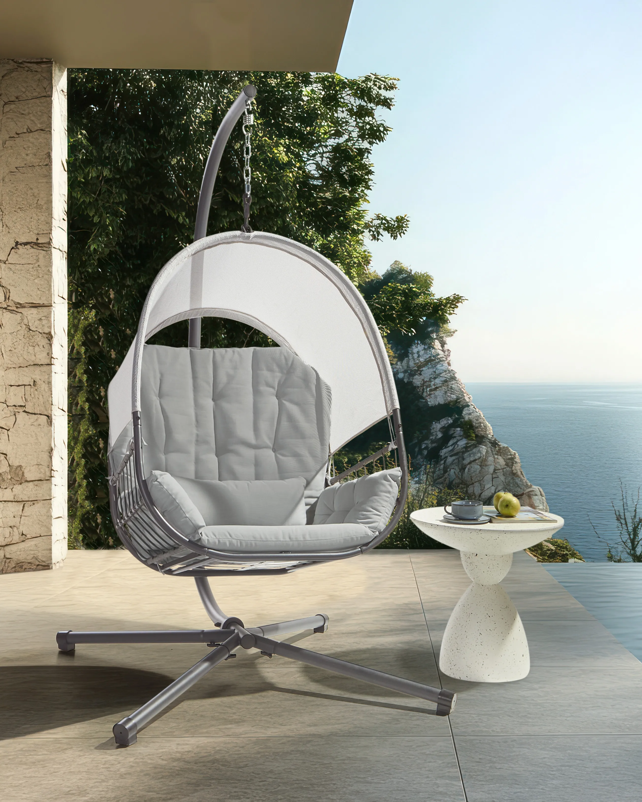 Hanging Chair with Stand ALVIANO Fabric Light Grey