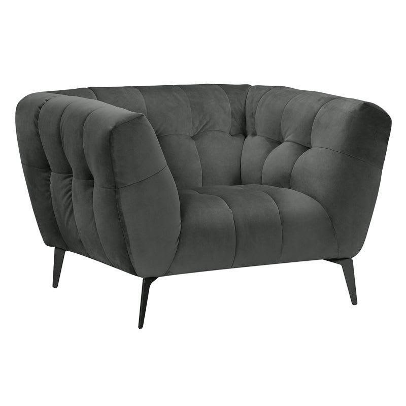 BRIO - Fauteuil velours gris capitonné avec piètement métal noir