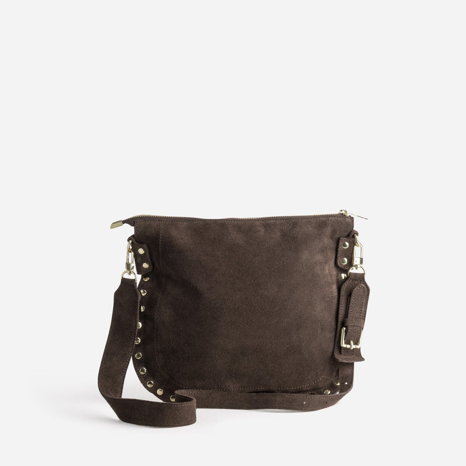 Sac besace marron cuir velours décor clous