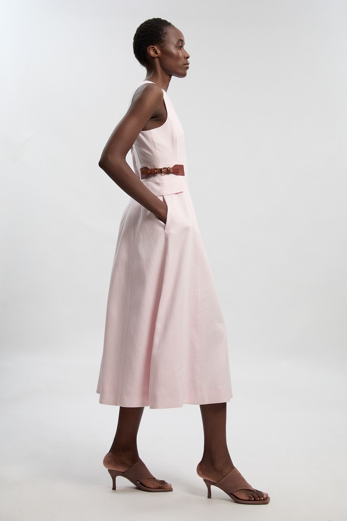 KarenMillen Petite Tailored Linen Tab Waist Detail Full Skirt Midi Dress
