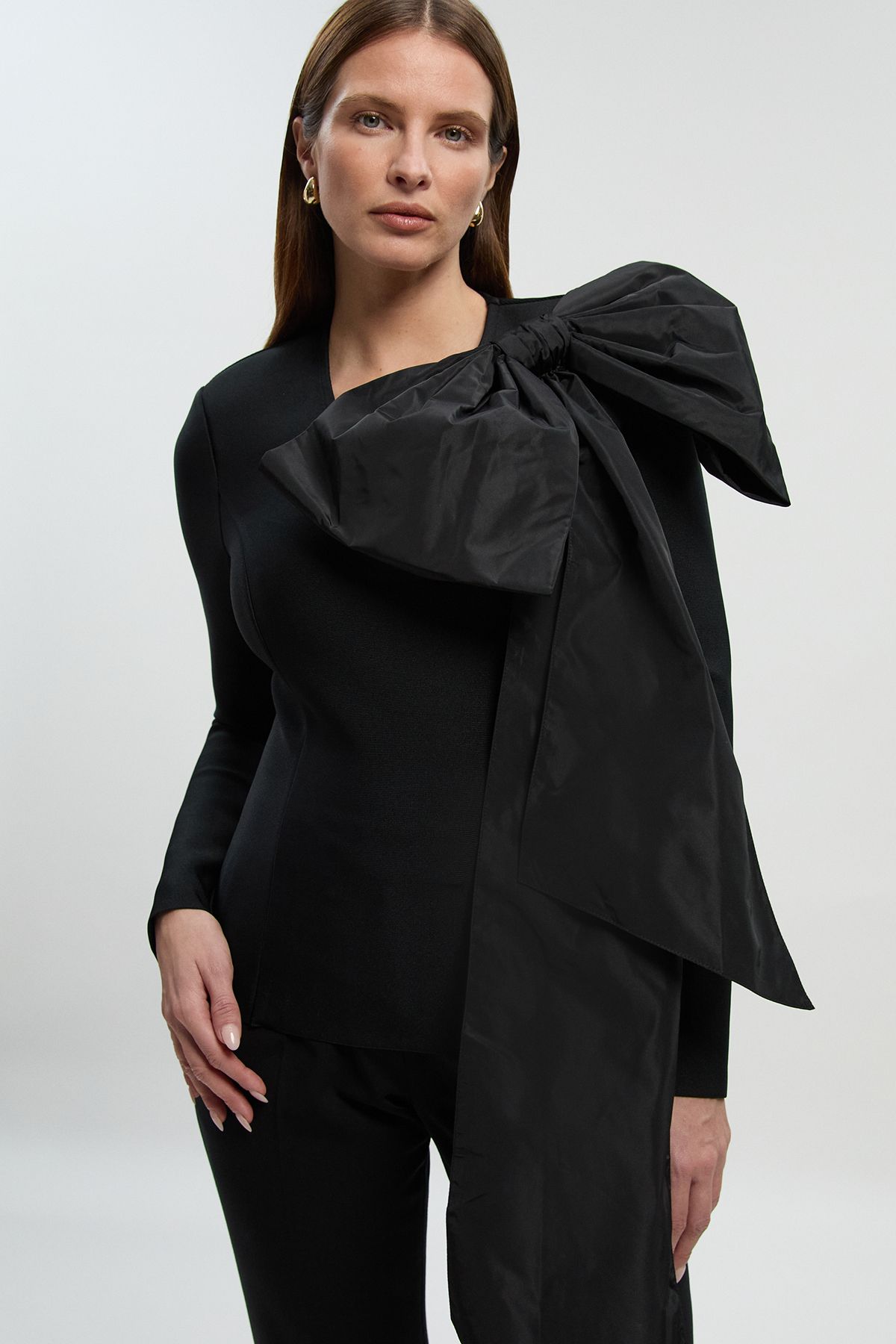 KarenMillen Figure Form Bandage Taffeta Bow Knit Top