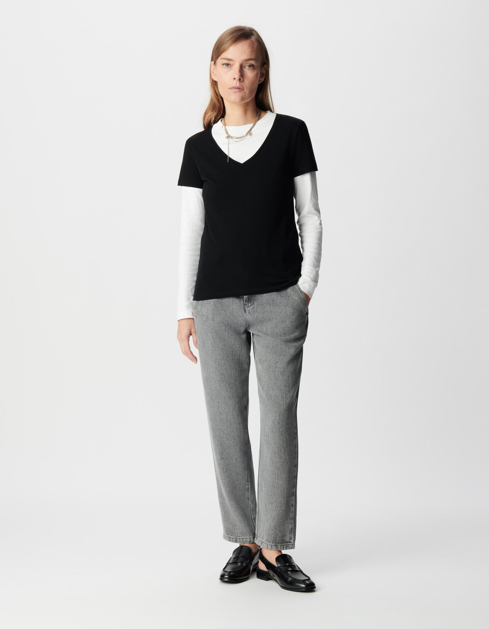 Tee-shirt encolure V noir broderie chevrons dos Femme