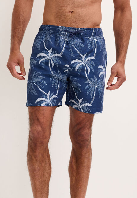 Mens Navy Palm Print Swim Shorts