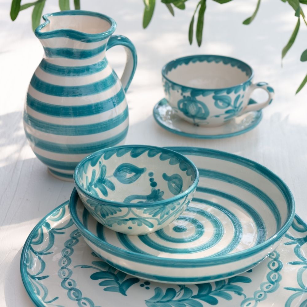 J-Line schaal Granada Stripes Low - keramiek - wit/aqua - large - Ø 25 cm