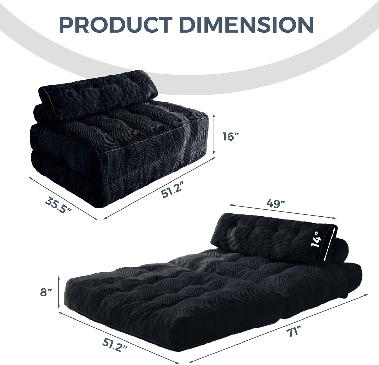 MAXYOYO Folding Sofa Bed, Convertible Sleeper Chair with Pillow Foldable Mattress with Back Support, Portable Fold Out Chair Bed Comfy Floor Sofa Lounge for Living Room Bedroom, Black Double