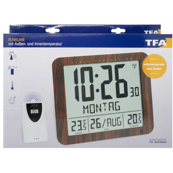Digital-Funkuhr, Breite: 24,8 cm, Tiefe: 2,5 cm, braun