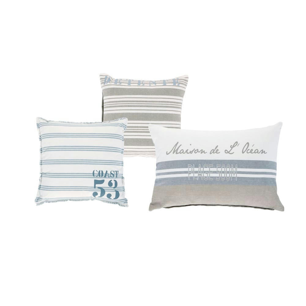 Brocante De La Mer - Coussins en coton écru et bleu à motifs (x3)