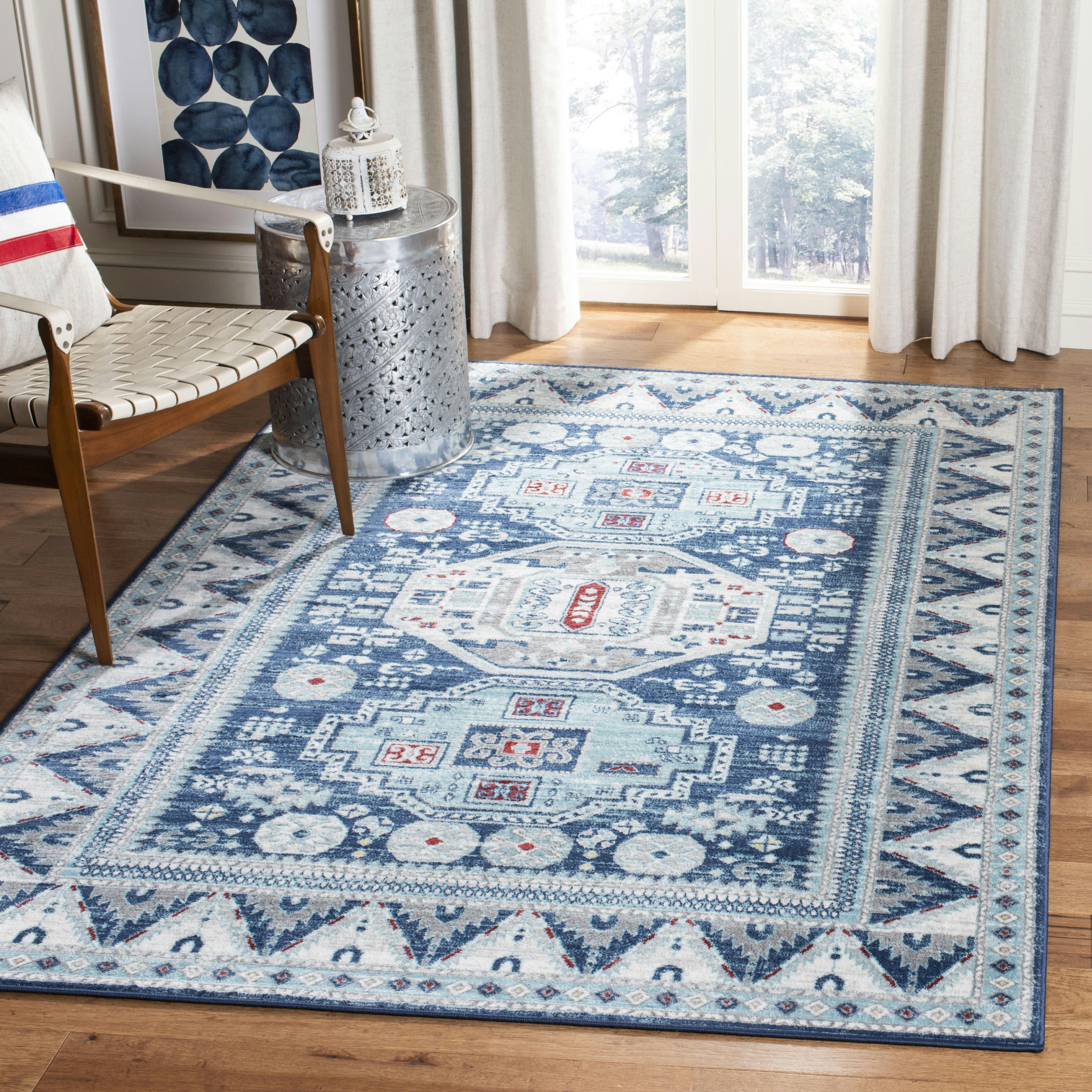 KAZAK - Tapis de salon interieur en bleu & crème, 122 x 183 cm