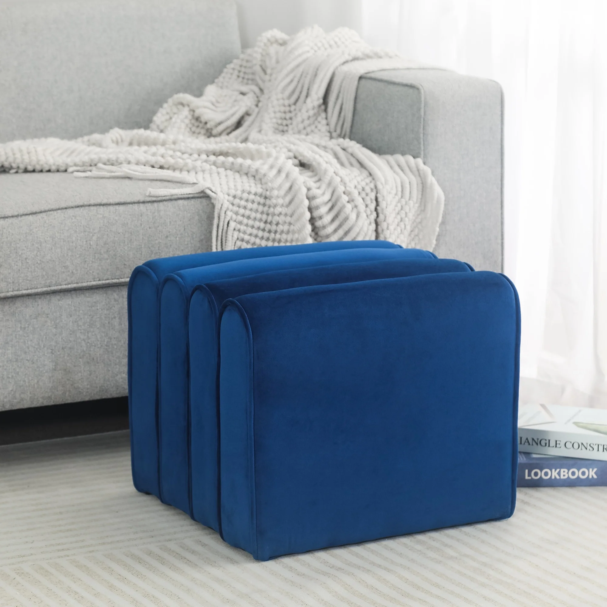 Adeco Footrest Ottoman Bench Velvet Pleated Design Foot Stool