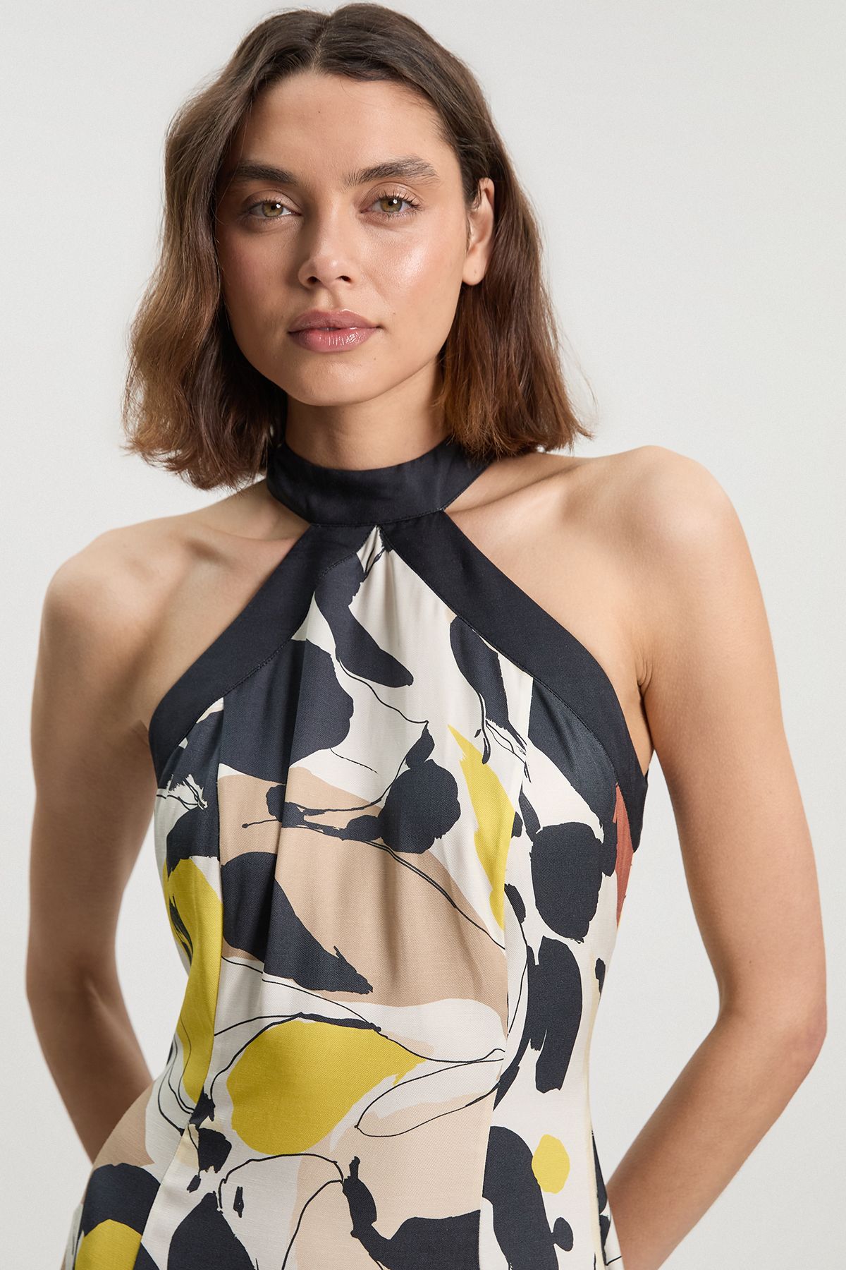 KarenMillen Petite Abstract Print Viscose Linen Woven Halter Neck Maxi Dress