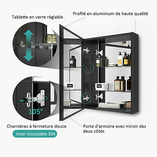 EMKE Armoires de toilette 50x65cm Noir Armoire Salle de Bain en Miroir Double Face