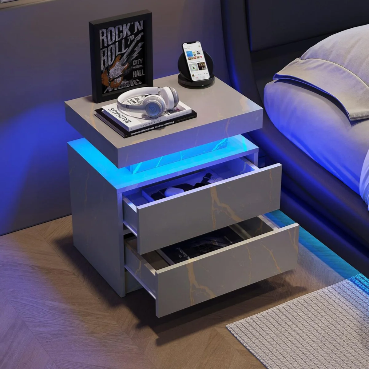 Nightstand LED Bedside Table Cabinet Lights Modern End Side with 2 Drawers for Bedroom