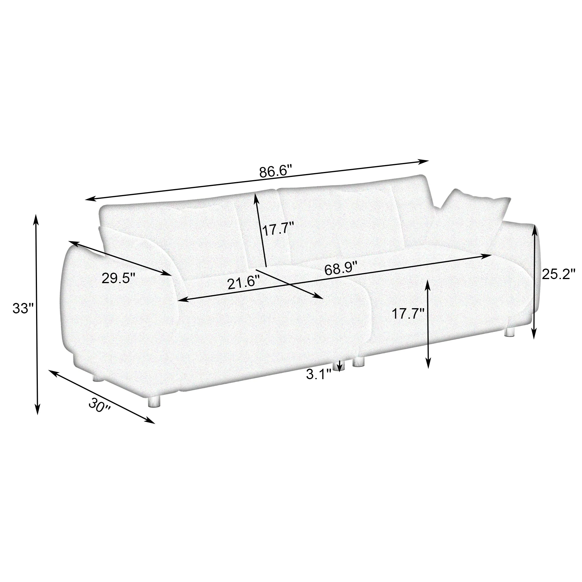 An 86.6-inch teddy wool green sofa with four throw pillows and hardware feet that can sit comfortably in an apartment bedroom wi