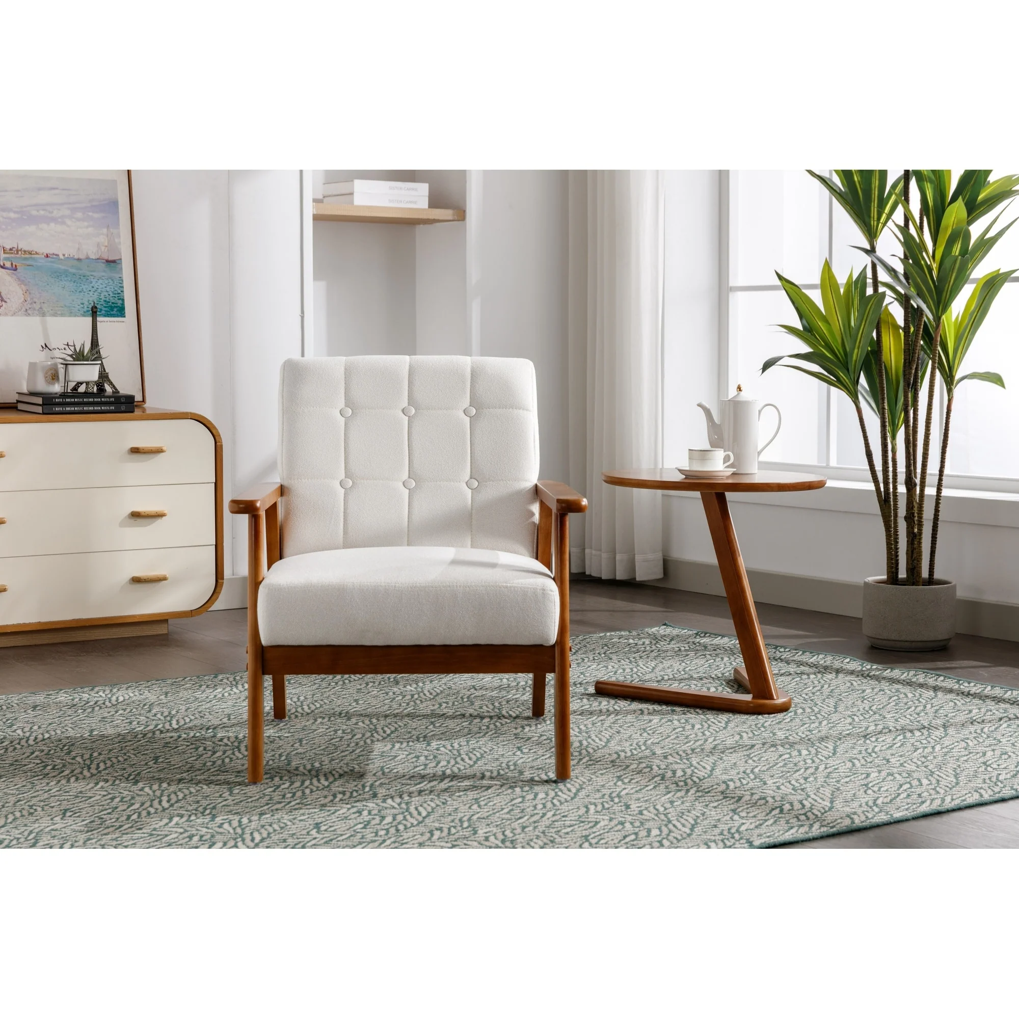 Linen/PU Upholstered Tufted Living Room/Bedroom Accent Chair With Wood Legs