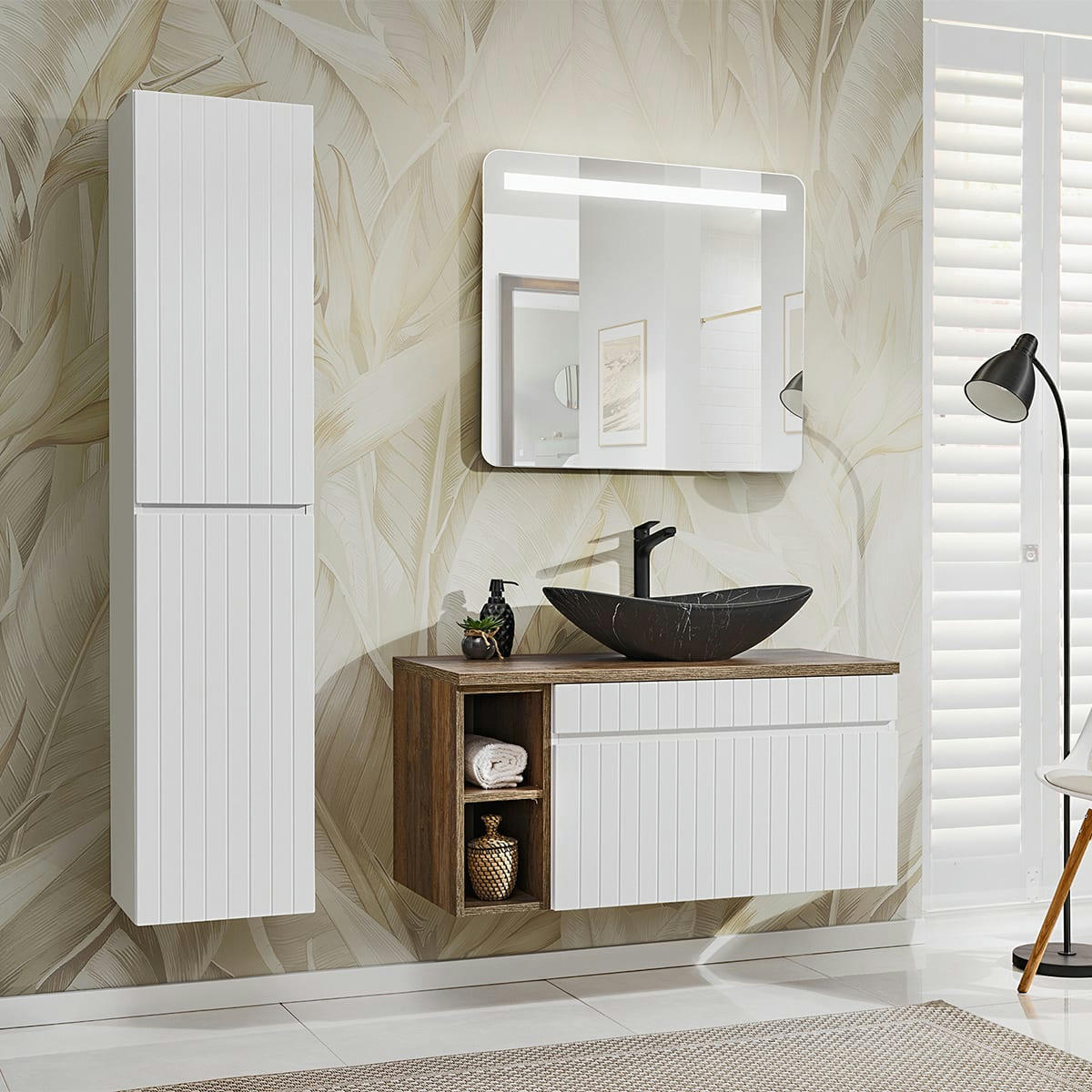 - Ensemble meuble simple vasque 100cm et colonne stratifiés blanc