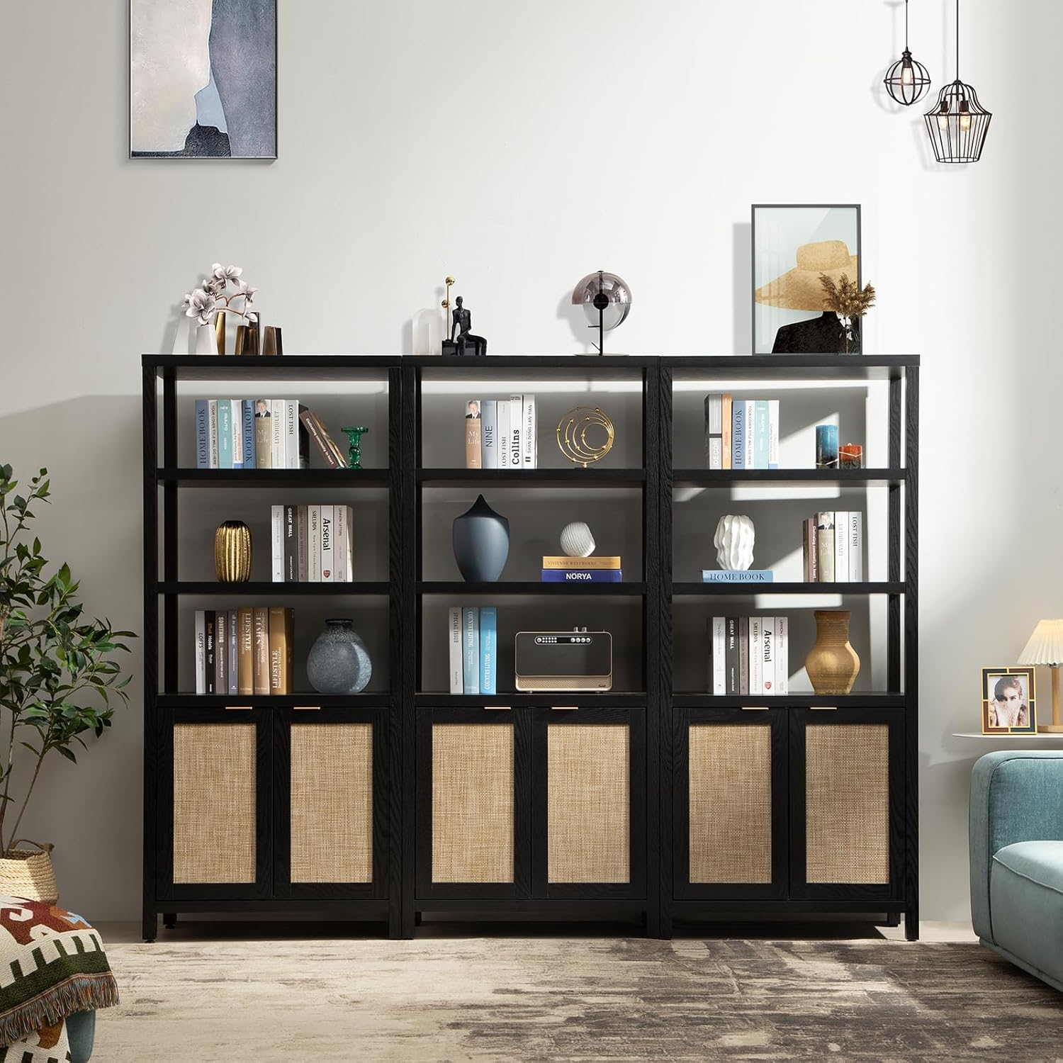 SICOTAS Bookshelf 5 Tier Book Shelf Rattan Boho 71 Tall Bookcase with Doors Storage Shelves Large Bookshelves Farmhouse Bookcases Library Book Case for Living Room Bedroom Home Office Kitchen