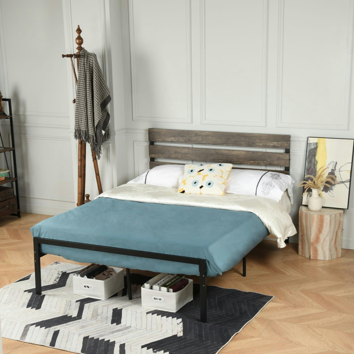 - Cadre de lit double métallique et tête de lit effet bois 200*140*100cm