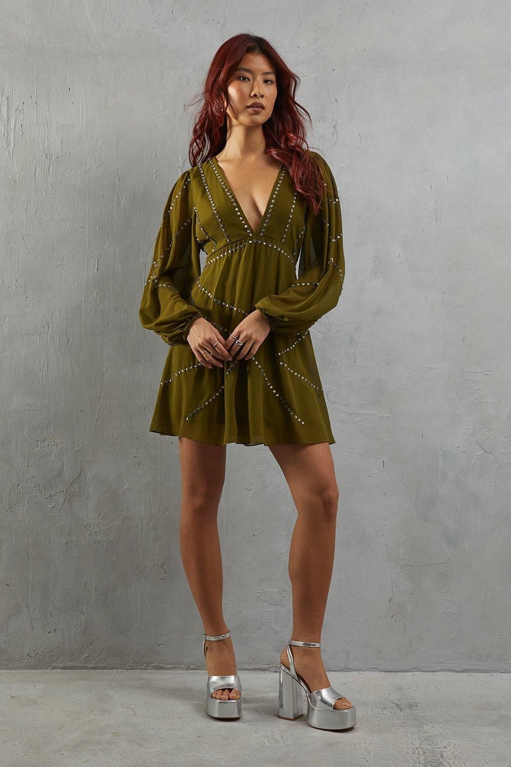 Warehouse Premium Chiffon Embellished Sequin Plunge Neck Mini Dress