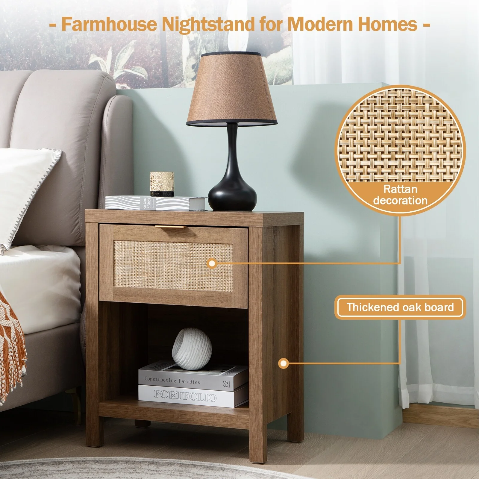 SICOTAS Farmhouse Rattan Nightstand with Drawer and Storage Shelf