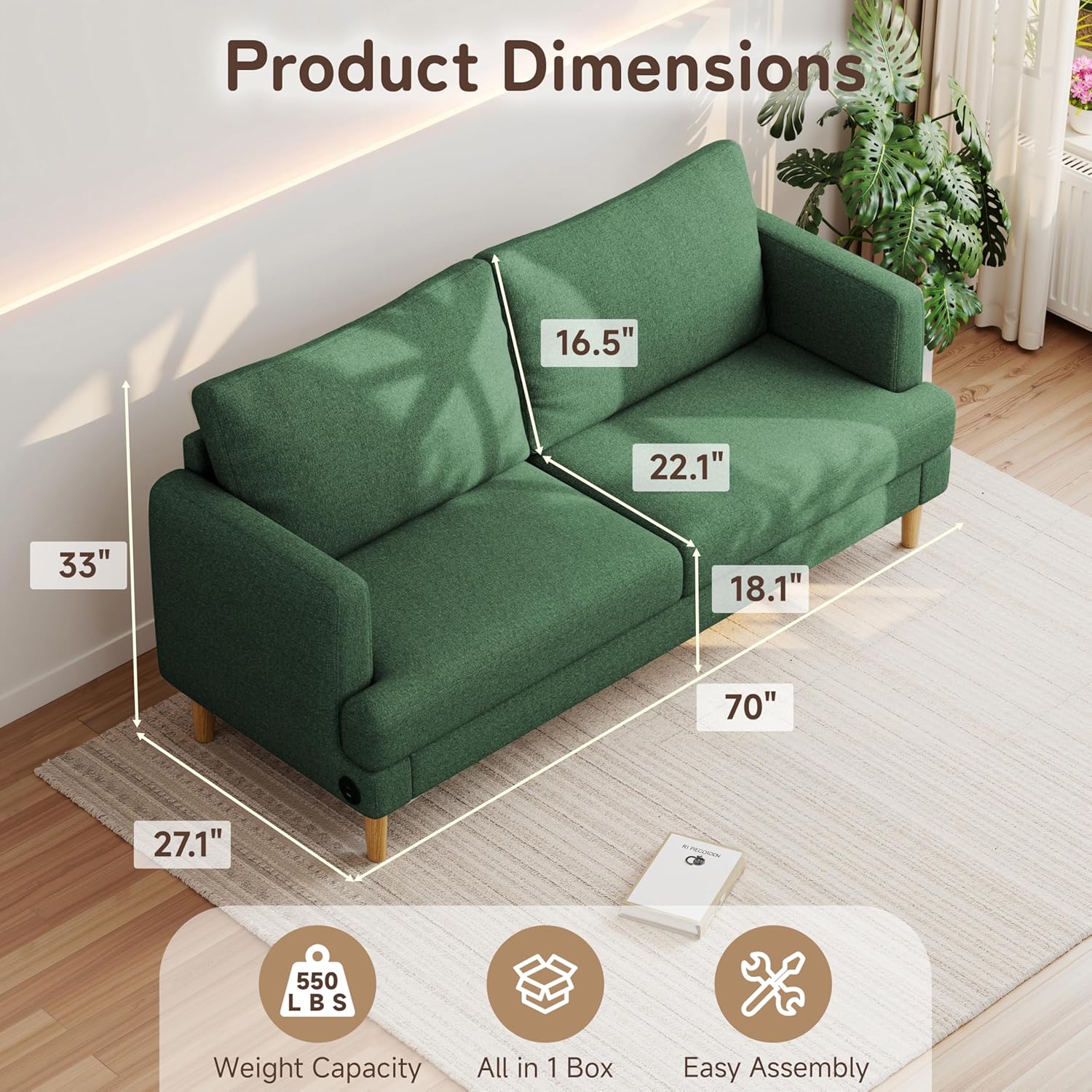 70 Modern Loveseat Sofa with USB Type-C Ports, Linen Fabric 2-Seater Deep Seat Couch, Cozy Small Couch Sofa for Living Room Bedroom Office Apartment (Green)