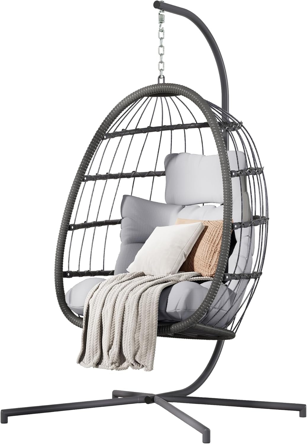 HWB Hanging Egg Chair with Stand, Patio Wicker Egg Swing Chair with Cushion for Bedroom Garden Indoor Outdoor (Grey)