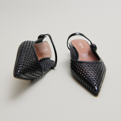 Mules compensées à bouts pointusen cuir brillant noir | DECADE