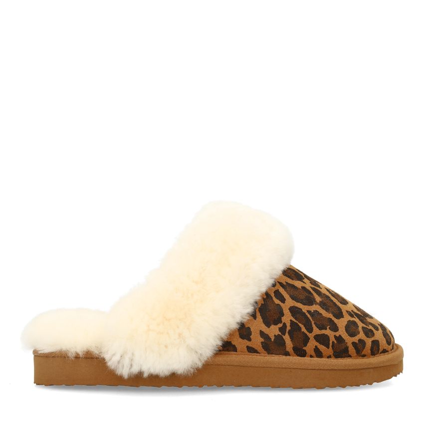 Manfield Beige leopard pantoffels met bontvoering