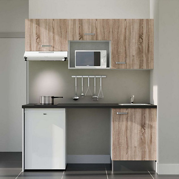 Kitchenette K55 façades Bois - Plan de travail Noir texturé - Crédences : Non - Evier inox - Electroménager Blanc inclus