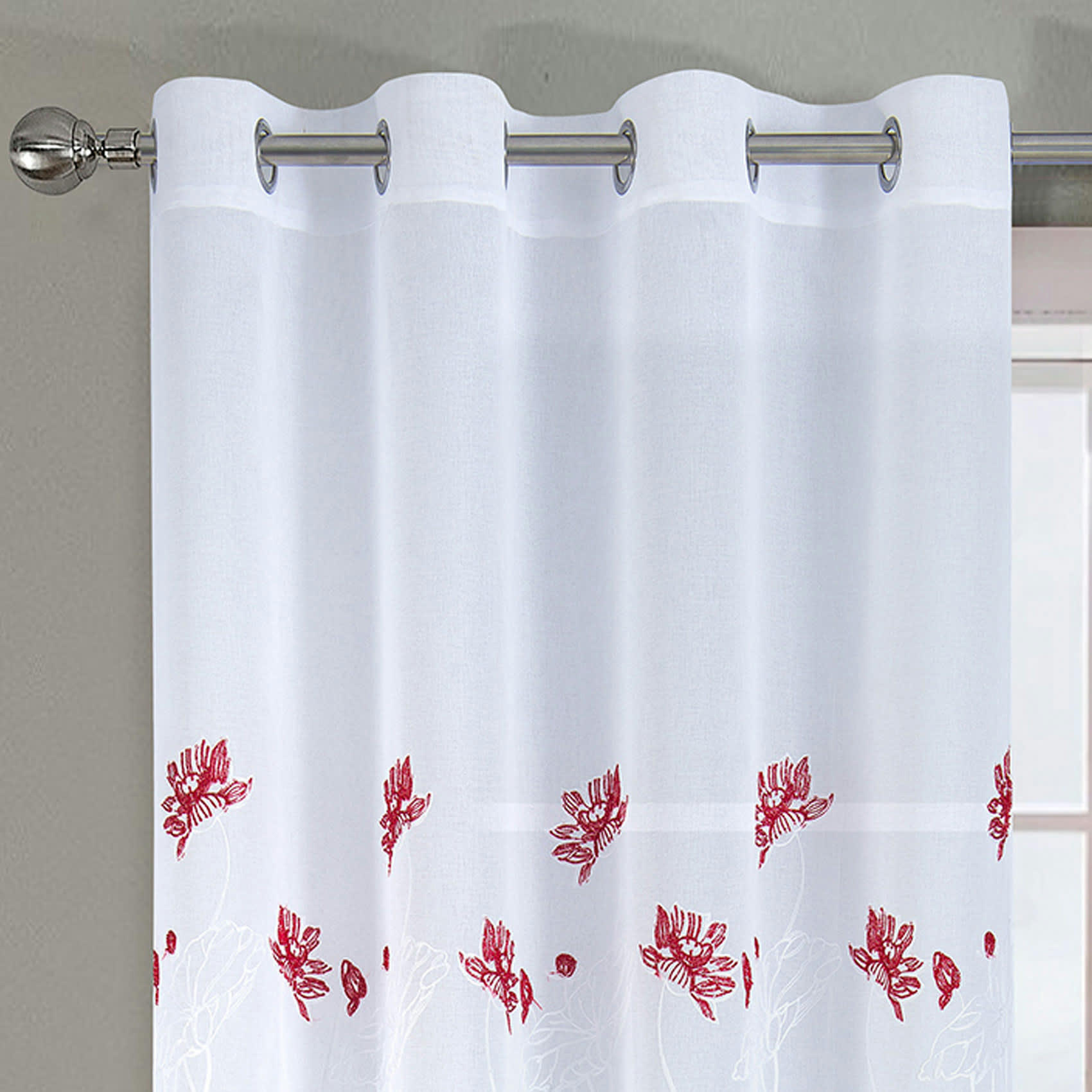 - Paire de voilage fleurie et plombée polyester rouge 140x260 cm