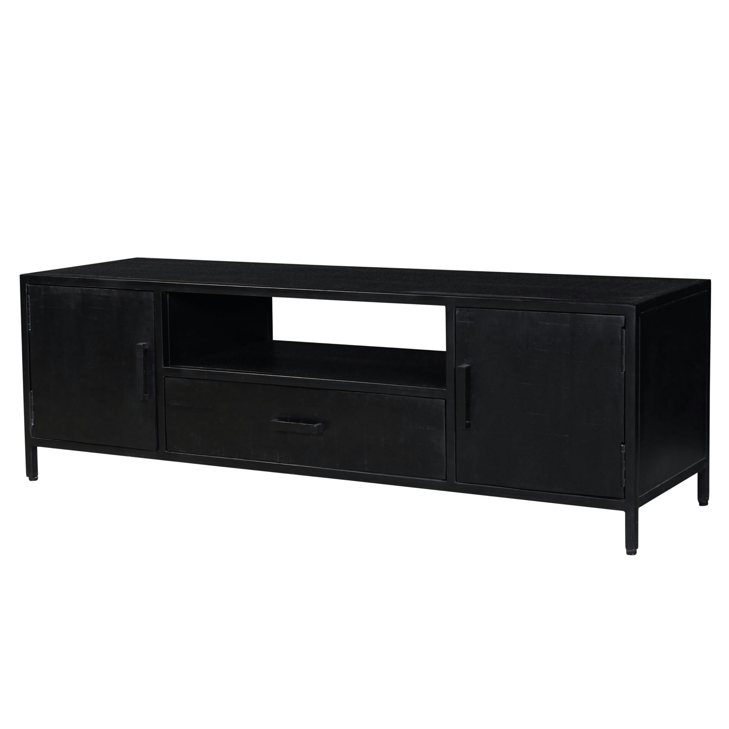 UZES - UZES-Meuble TV 2 portes 1 tiroir L180, Manguier massif noir et métal