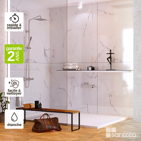 Kit 2 Panneaux Muraux Décoratifs de Douche - 120x120 cm- Ep. 4mm - Effet Marbre Blanc - MUD WHITE KOBERTIN