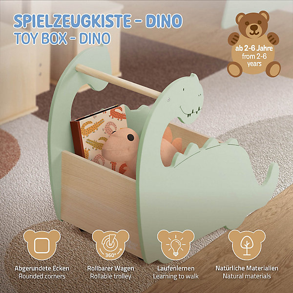 Coffre à jouets design dino bibliothèque bois à roulettes chambre d'enfant