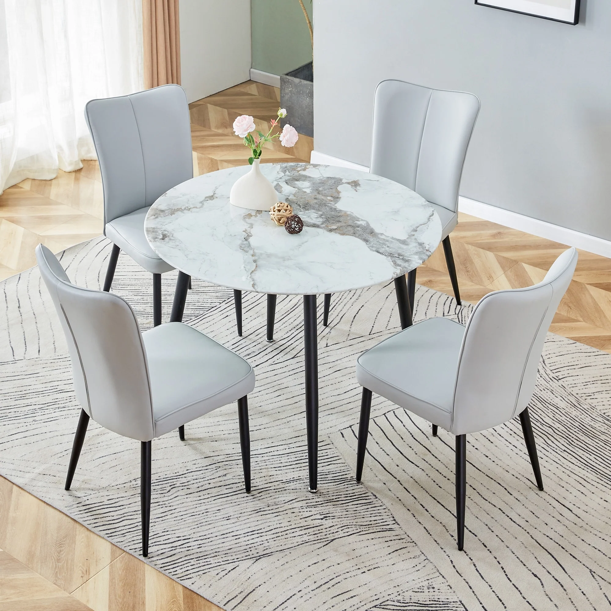 Modern 5-Piece Dining Set with Marble Patterned Round Table and 4 PU Upholstered Chairs