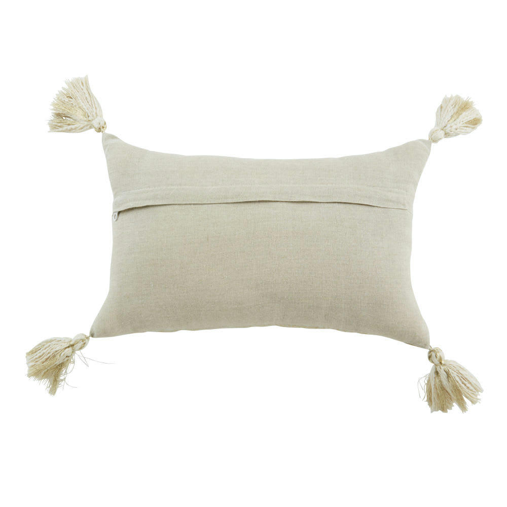 FOLAH - Coussin en lin imprimé feuillage doré et blanc à pompons 40x25
