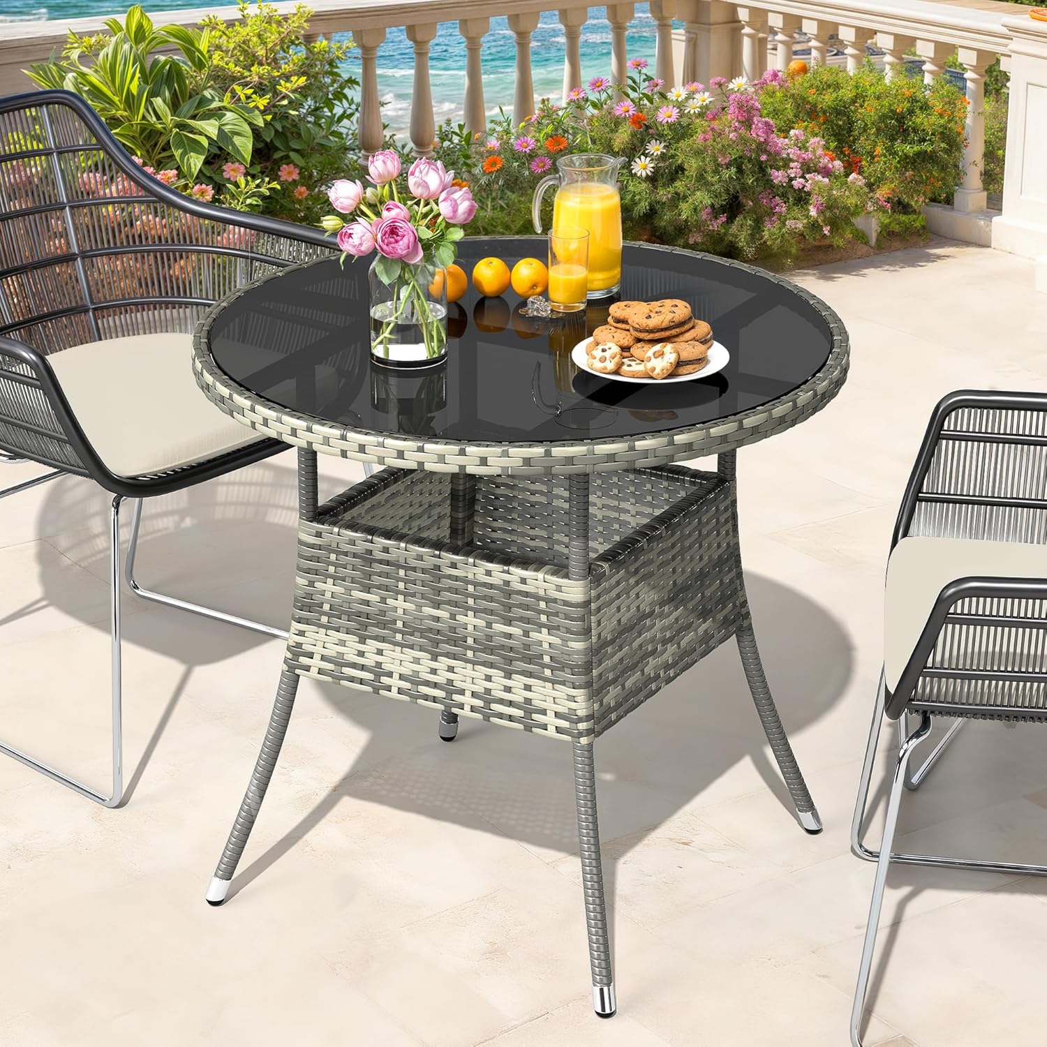YITAHOME Outdoor Dining Table Round for 4 31.5 Patio Dining Table with Easy-to-Clean Glass Tabletop, All-Weather Rattan Bistro Table Round for Backyard Deck Porch Poolside, Gray