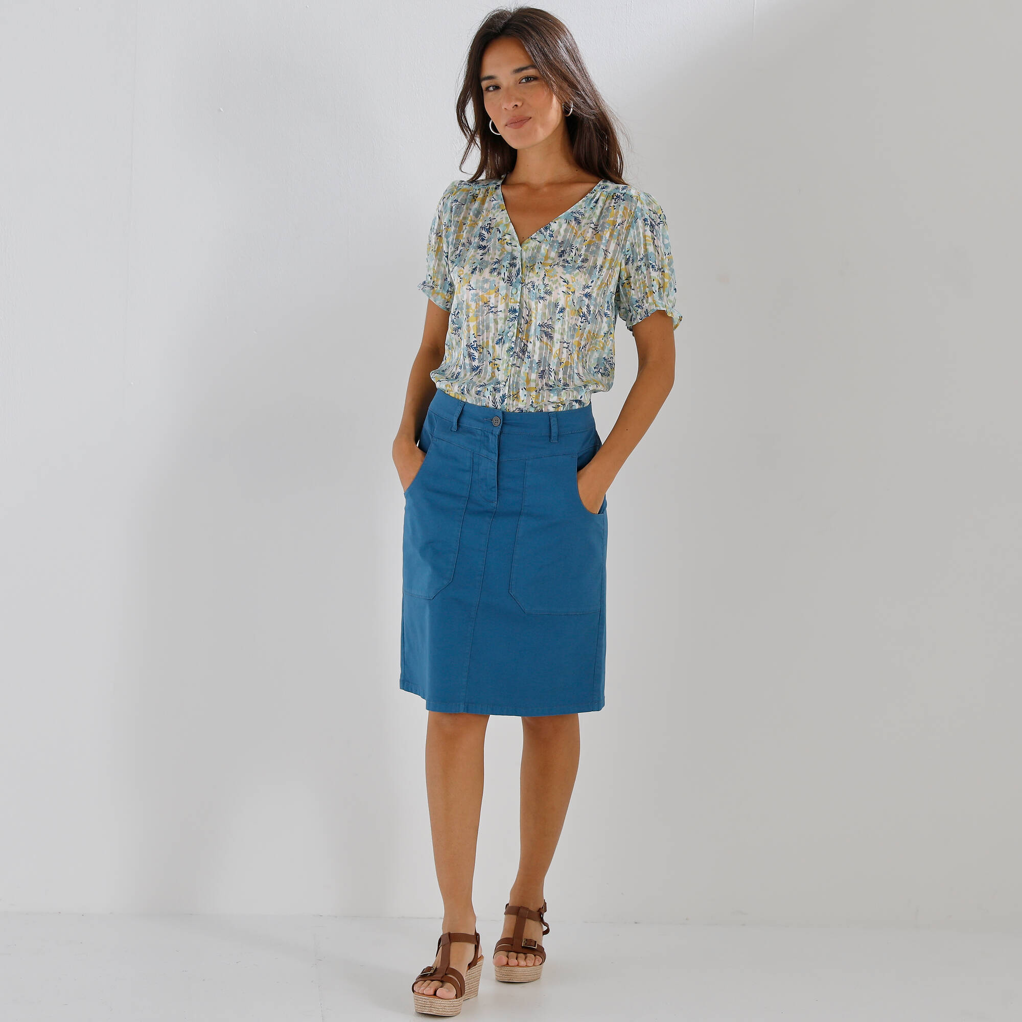 Chemisier boutonné manches blousantes imprimé, voile jacquard