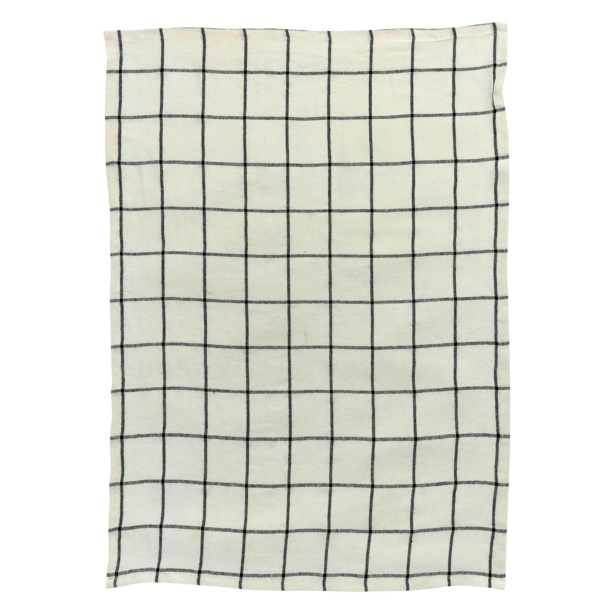 KARMA - Torchon carreaux  en lin ecru/noir 55 x 75