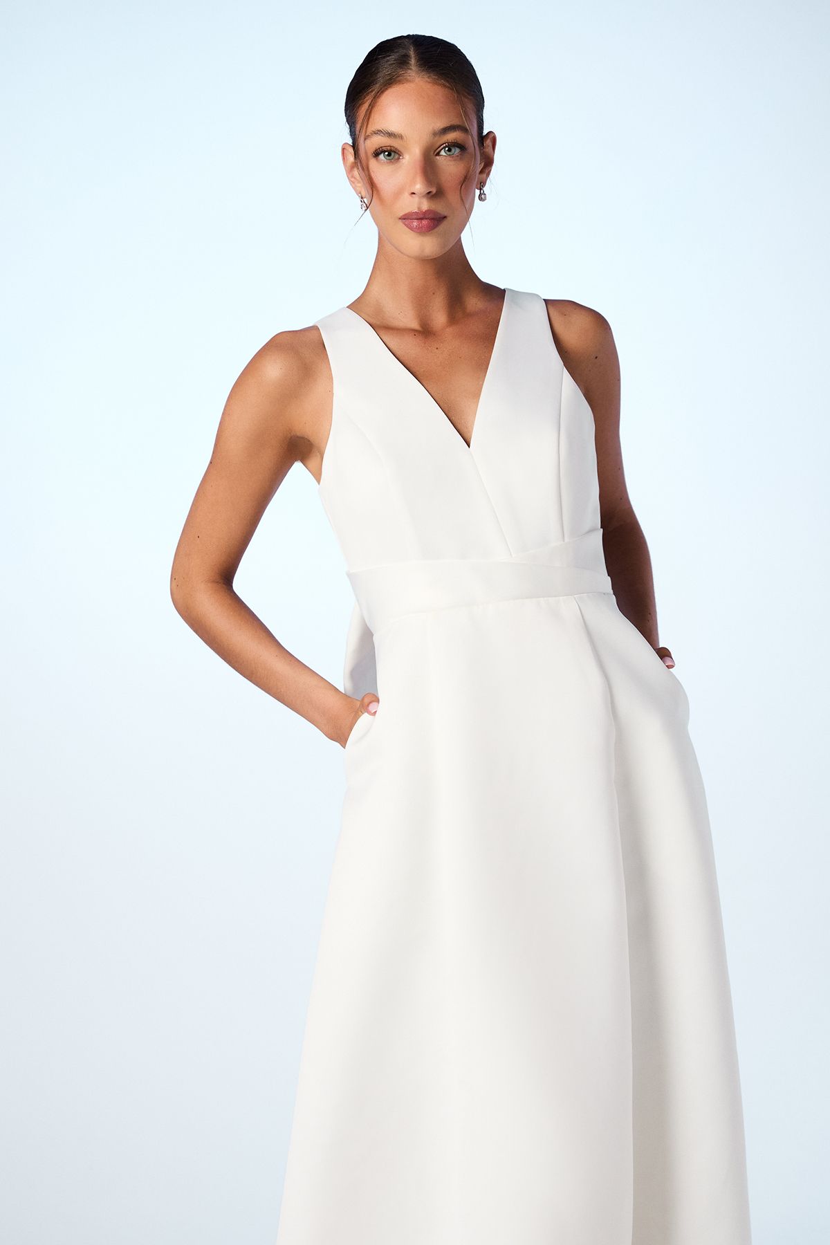Coast Satin Plunge V Neck Maxi Wedding Dress with Back Bow Detail