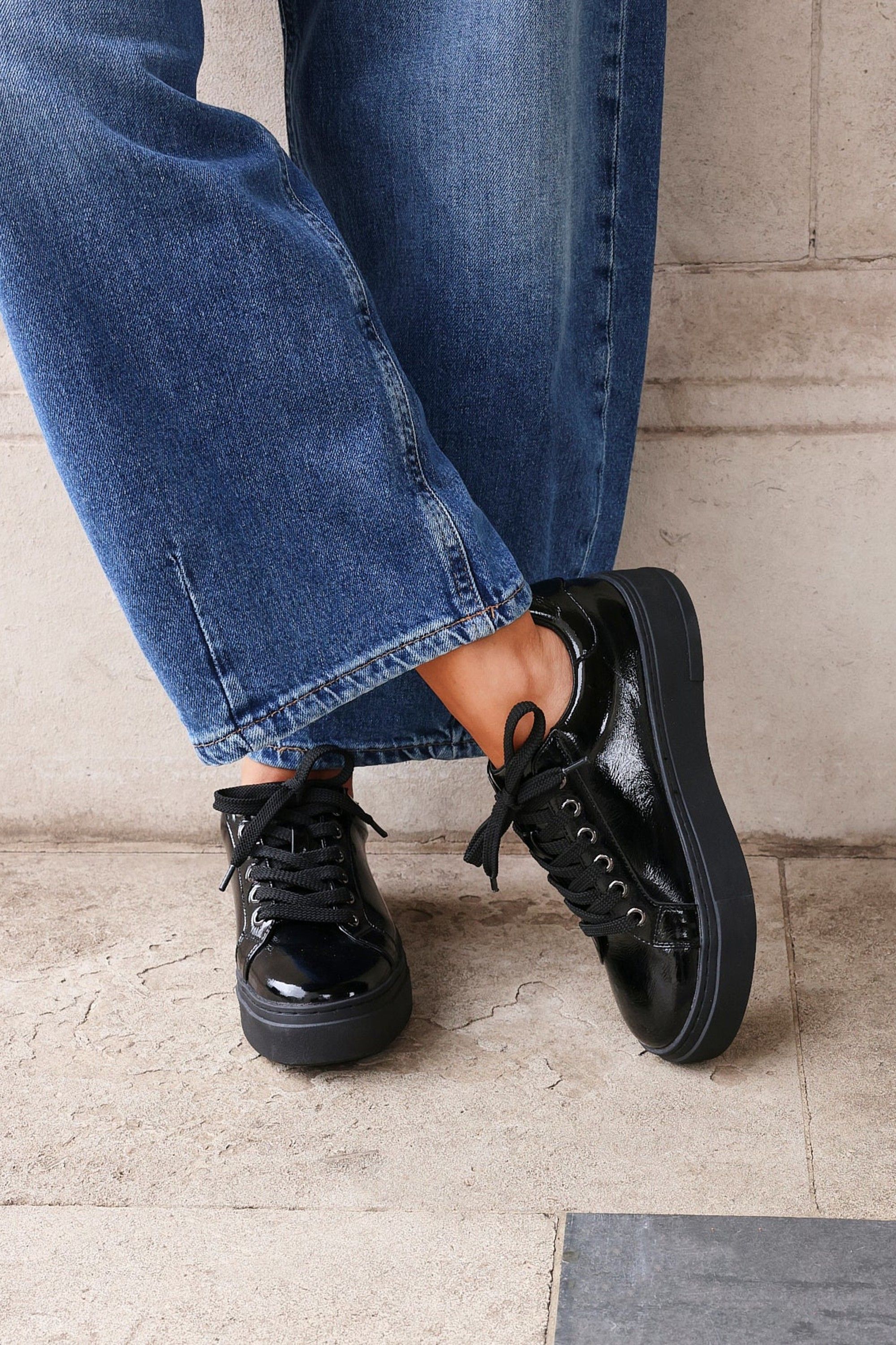 Linzi Reset Black Patent Lace Up Flatform Trainers