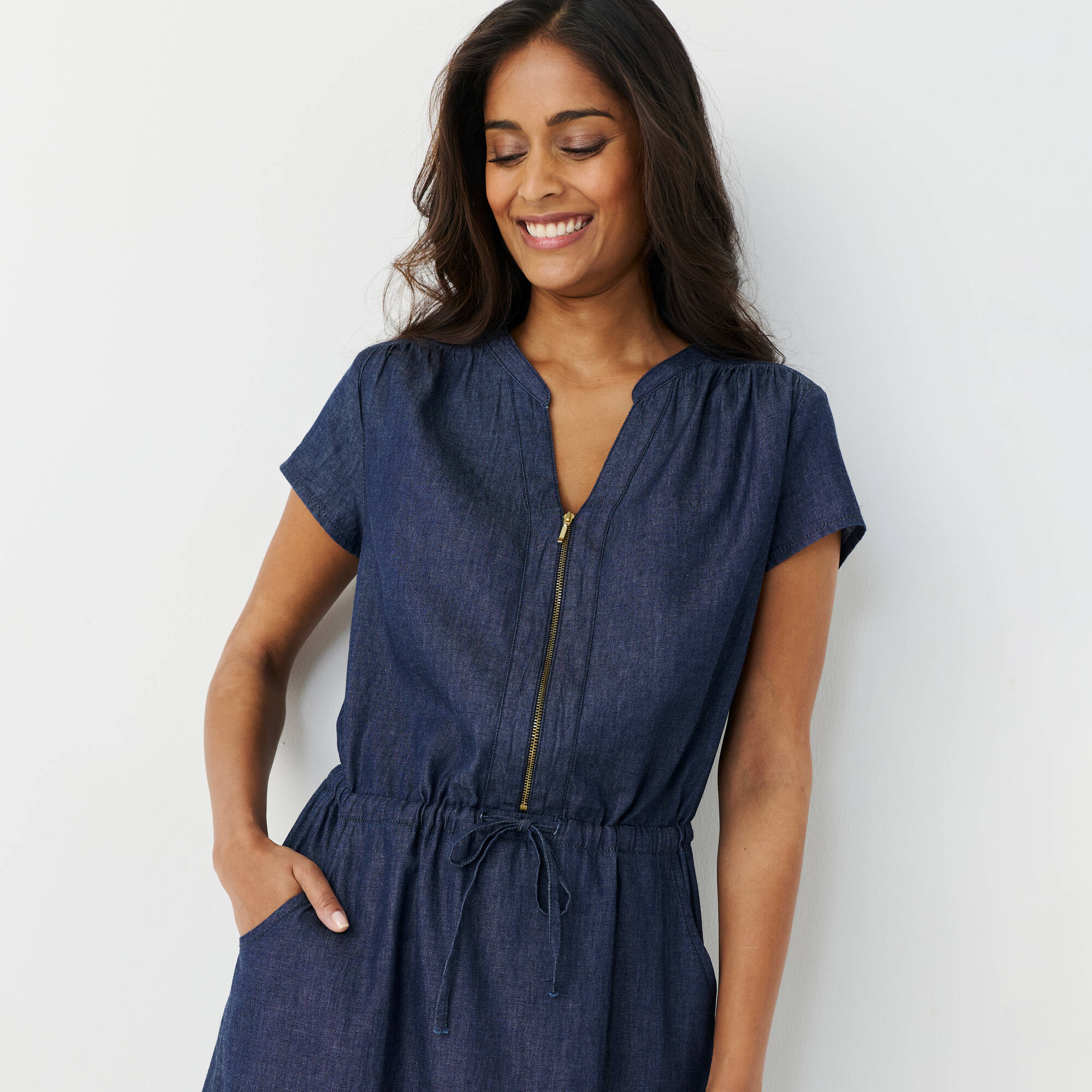 Robe longue col zippé, denim léger