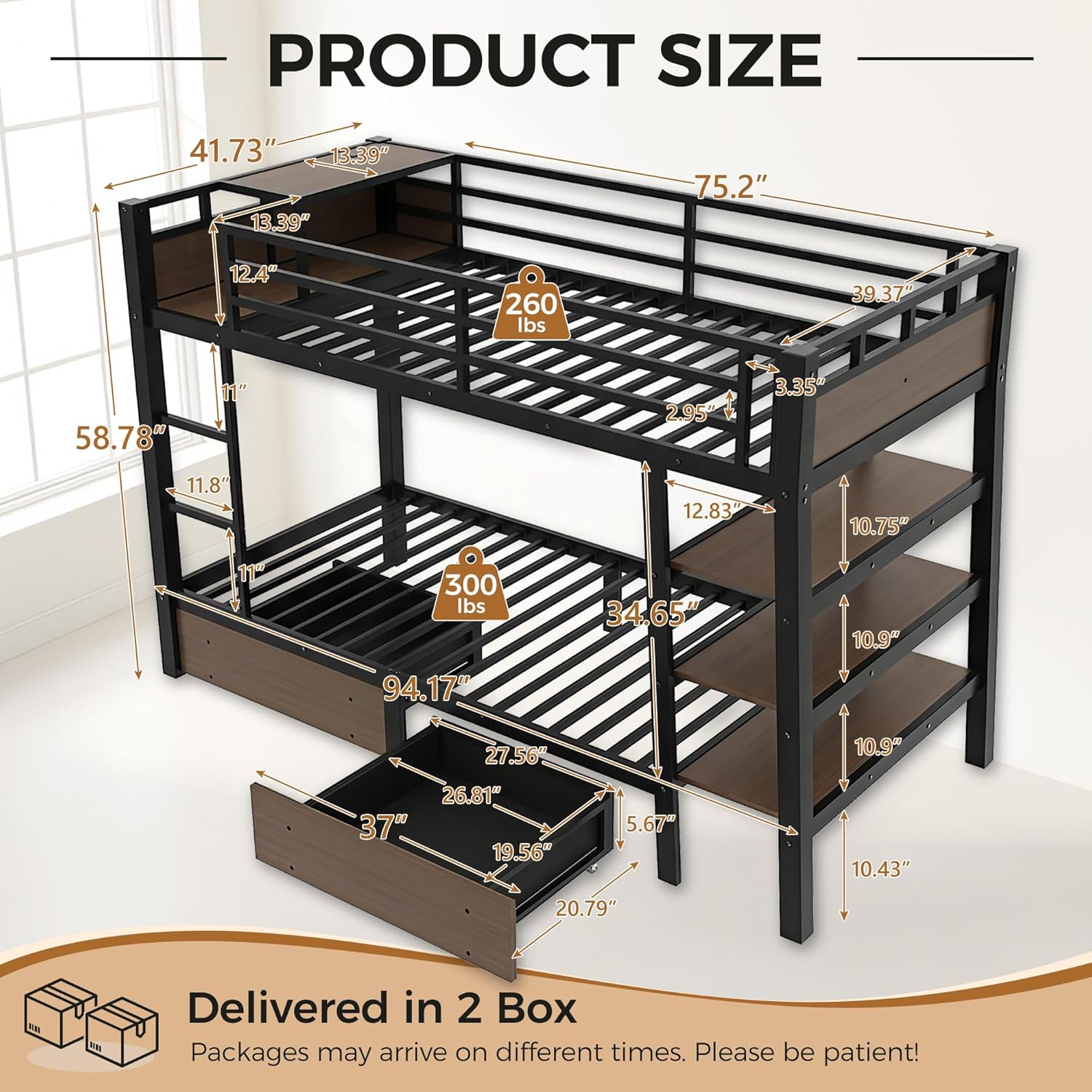 Bunk Bed Twin Over Twin with Stairs, LED Lights, 2 Storage Drawers, USB Charging, Industrial Bunk Beds Heavy Duty Metal Bed Frame with Safety Guardrail, Space Saving, Sturdy Frame for Teen/Adult
