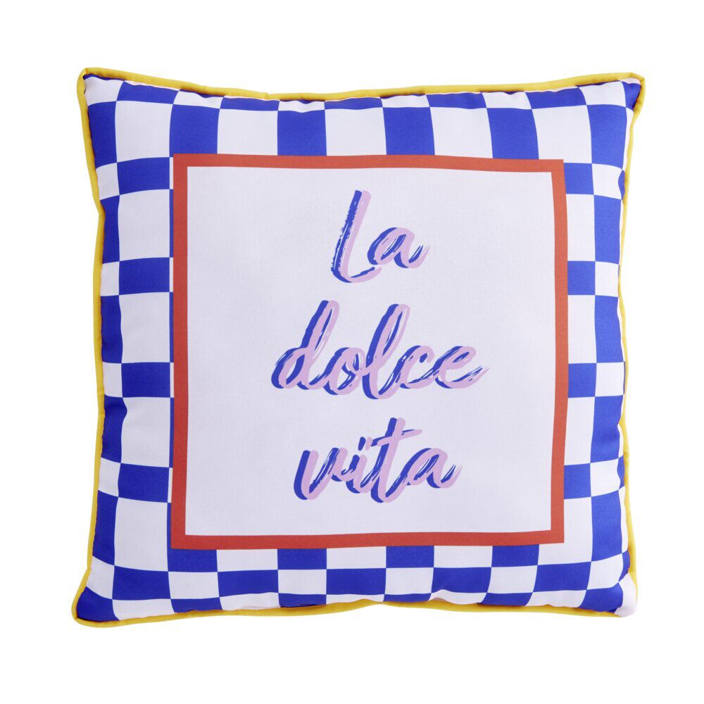 Coussin carré inscription La Dolce Vita bleu et blanc 40x40cm