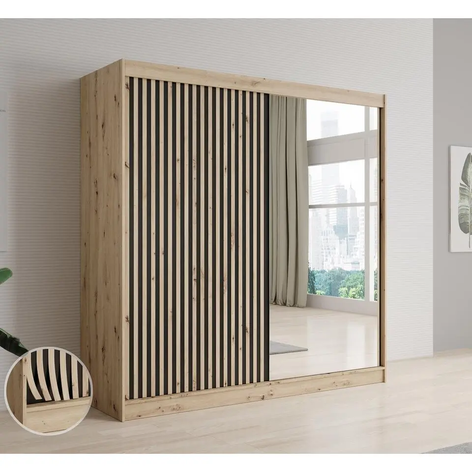 Meubella - Kledingkast Lisbon 2 - Eiken - 200 cm - Met spiegel