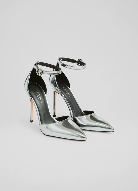 Kiera Gunmetal Mirror Leather Ankle Strap Heels