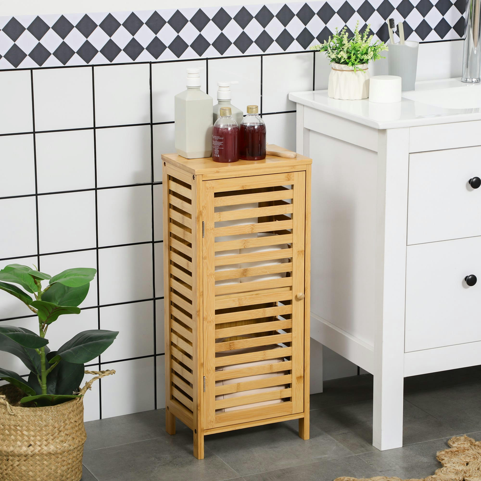 - Meuble bas de salle de bain - porte, étagère - bois de bambou verni