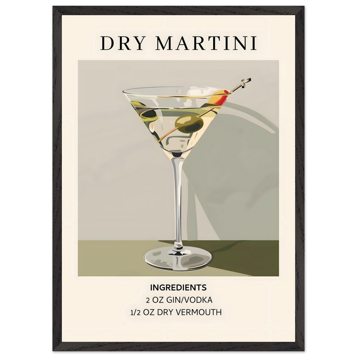 Artfulprints Poster met Lijst Dry Martini cocktail - Ingrediënten  - 50x70 cm - Groen
